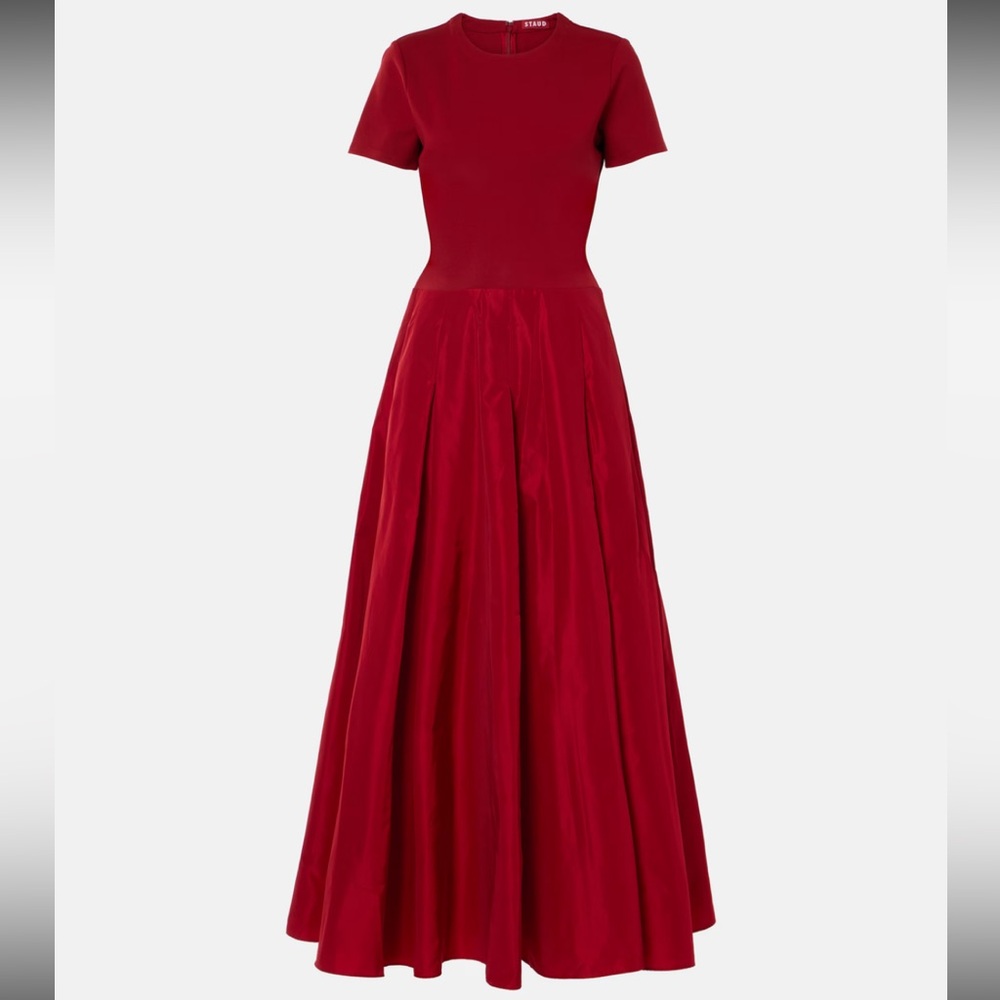 STAUD Hopper Red Pleated Ponte Grosgrain Short-Sleeve Maxi Dress NWT
